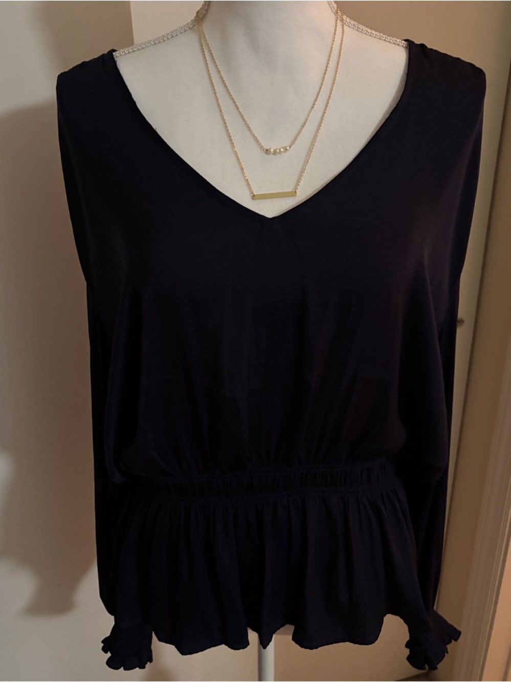 Andrew Marc Black V-Neck Peplum Blouse